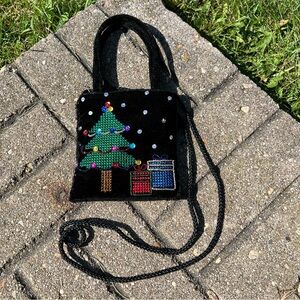 Holiday Velvet Mini Bag Beaded Christmas Tree Purse Retro Party Crossbody